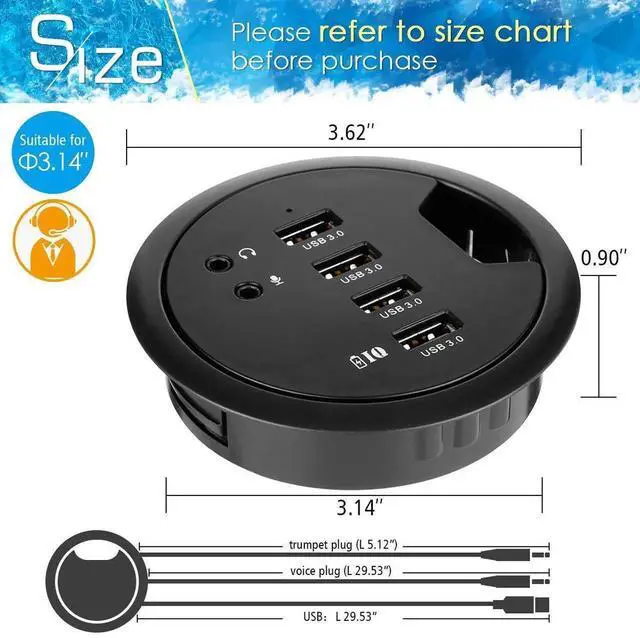 Alt view image 4 of 7 - JAENFONG  Desk-Fit (Diameter 3.14" or 80MM) 4 Port USB 3.0 Hub with 3.5mm Audio Mic Phone Jack/BC 1.2 USB Charger, 5V/2A Power Adapter for iPhone/Smart Phones(usb3.0 4 Port)(AC Power Supply Included)