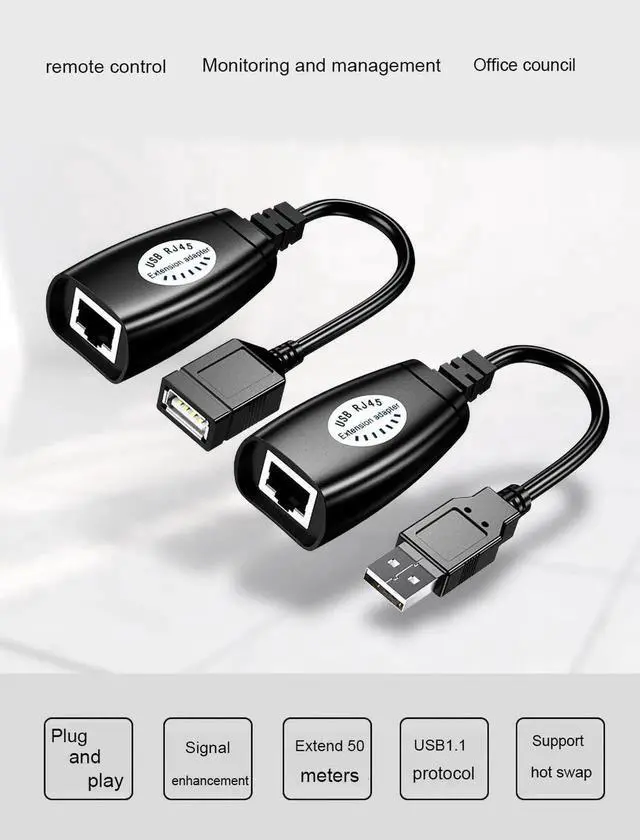 Alt view image 3 of 5 - JAENFONG USB 2.0 to RJ45 Adapter RJ45 LAN Cable Extension Cable USB Extender over Cat5 / Cat5e / Cat6 Cable