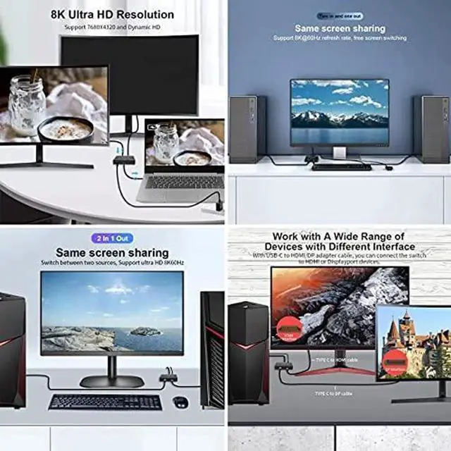 Alt view image 3 of 6 - JAENFONG USB-C Type-C Bi-Direction Switch MST 1 to 2 Hub Support Video Data PD 8K@30hz 100W 10Gbps