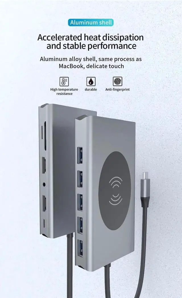 Alt view image 7 of 7 - USB C Hub, Multiport Adapter USB C Dongle for MacBook Pro, 14 in 1 USB C to Dual HDMI Adapter with Ethernet VGA PD Port 5xUSB3.0 SD/TF Card Reader Wireless Charging and 3.5mm Audio for Type C Laptops