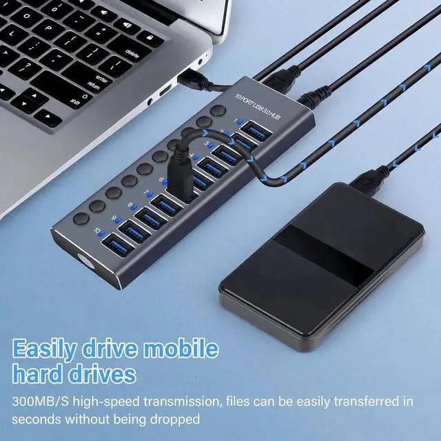 Alt view image 3 of 7 - Powered USB Hub, 10-Port USB Splitter Hub (10 Faster Data Transfer Ports) with Individual LED On/Off Switches, USB Hub 3.0 Powered with Power Adapter for Mac, PC
