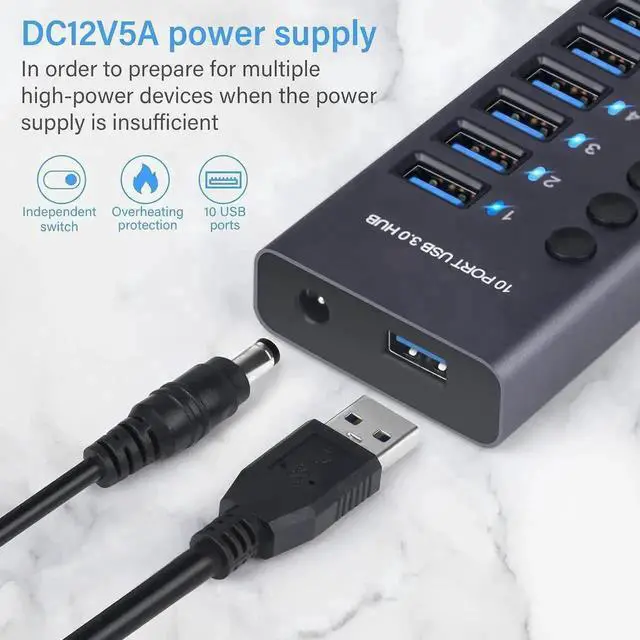 Alt view image 6 of 7 - Powered USB Hub, 10-Port USB Splitter Hub (10 Faster Data Transfer Ports) with Individual LED On/Off Switches, USB Hub 3.0 Powered with Power Adapter for Mac, PC