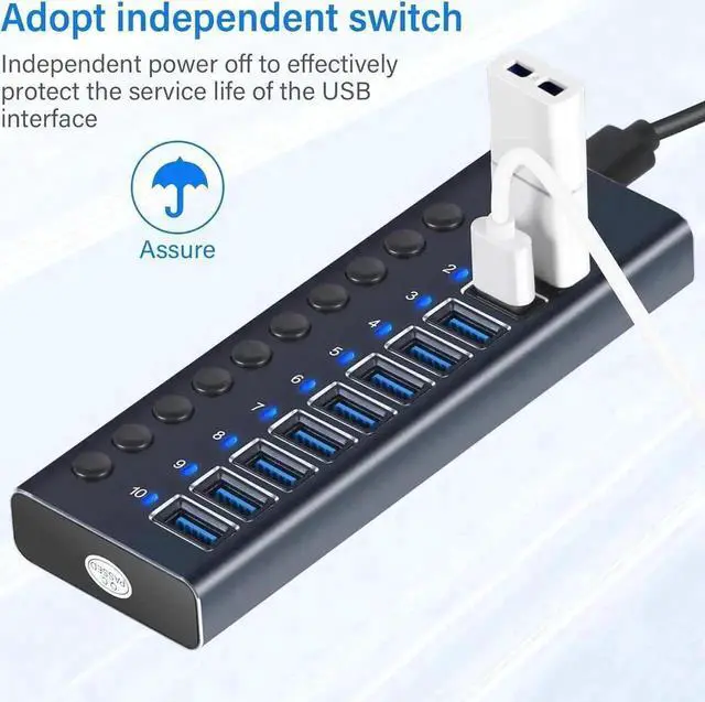 Alt view image 2 of 7 - Powered USB Hub, 10-Port USB Splitter Hub (10 Faster Data Transfer Ports) with Individual LED On/Off Switches, USB Hub 3.0 Powered with Power Adapter for Mac, PC