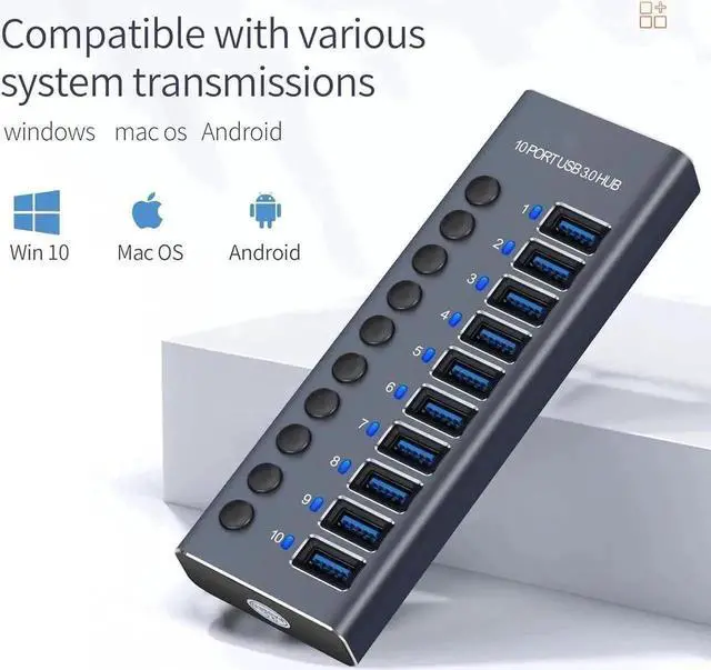 Alt view image 4 of 7 - Powered USB Hub, 10-Port USB Splitter Hub (10 Faster Data Transfer Ports) with Individual LED On/Off Switches, USB Hub 3.0 Powered with Power Adapter for Mac, PC