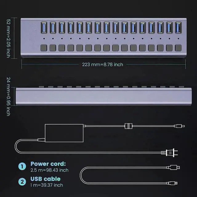 Alt view image 6 of 7 - Powered USB Hub, 16-Port USB Splitter Hub (16 Data HUB and Charging Port) with Individual LED On/Off Switches, USB Hub 3.0 Powered with Power Adapter for Mac, PC