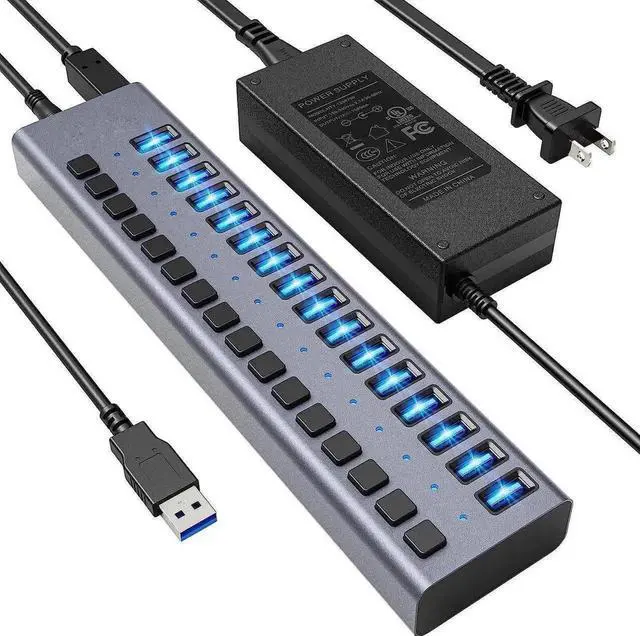 Main image of Powered USB Hub, 16-Port USB Splitter Hub (16 Data HUB and Charging Port) with Individual LED On/Off Switches, USB Hub 3.0 Powered with Power Adapter for Mac, PC