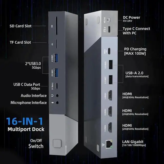 Alt view image 2 of 7 - MacBook Docking Station Triple Monitors,Display Link 15-in-1 USB C Dock with Triple HDMI for M1/M2 MacBook, RJ45 LAN,2 USB A, 2 Type C, 100W USB C Charging, SD/TF, Audio/Mic, for M1 M2 Mac OS Laptops