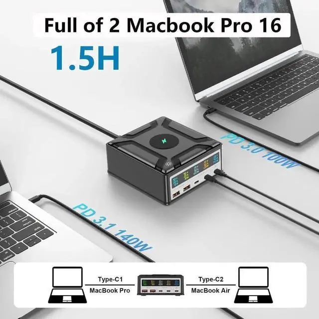 Alt view image 5 of 7 - LCD Display Charging Station for Multiple Devices,260W 5 Port Charger Station with 3USB-C, 2USB-A, 15W Wireless Charging ,Compatible with Cellphone,Tablet, Kindle, iPhone iPad and More