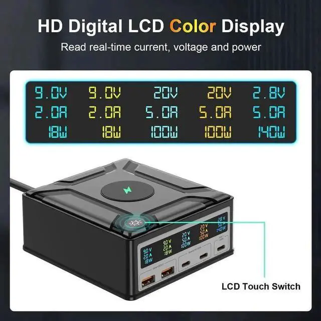 Alt view image 4 of 7 - LCD Display Charging Station for Multiple Devices,260W 5 Port Charger Station with 3USB-C, 2USB-A, 15W Wireless Charging ,Compatible with Cellphone,Tablet, Kindle, iPhone iPad and More