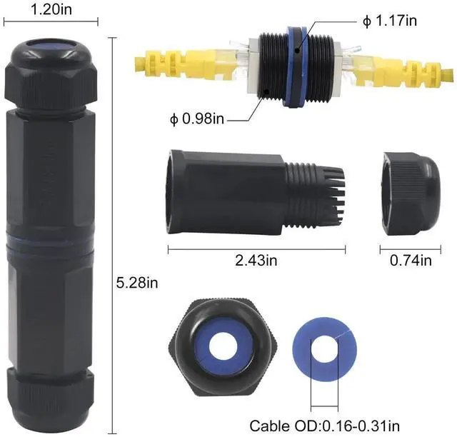 Alt view image 7 of 7 - JAENFONG Waterproof RJ45 Coupler IP68, CAT6/CAT5E/CAT5 Female to Female Coupler Connector Shielded 8Pin for Outdoor Ethernet LAN Cable 2-Pack, 5.3 in