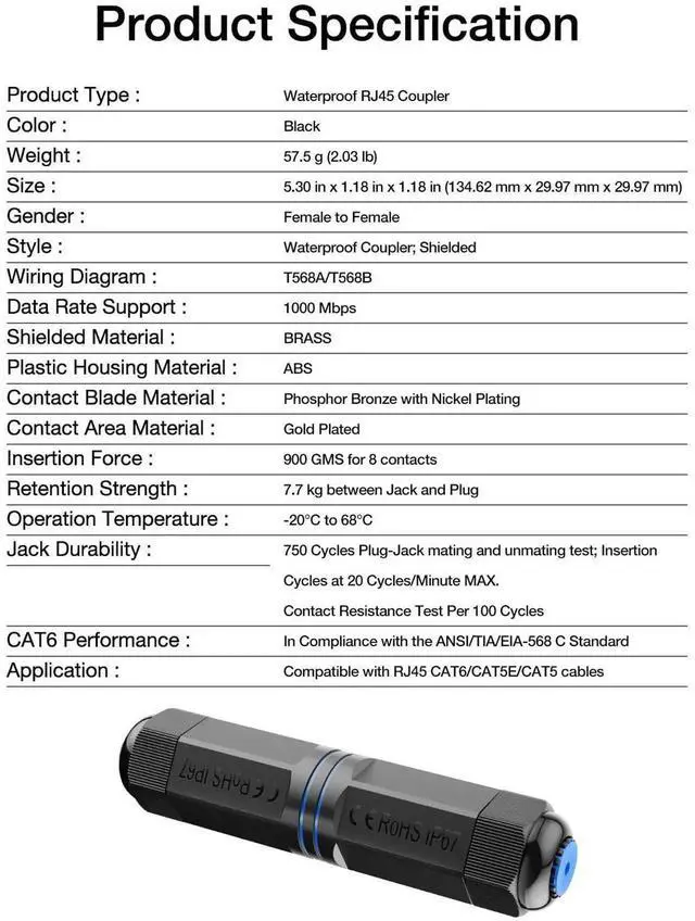 Alt view image 5 of 7 - JAENFONG Waterproof RJ45 Coupler IP68, CAT6/CAT5E/CAT5 Female to Female Coupler Connector Shielded 8Pin for Outdoor Ethernet LAN Cable 2-Pack, 5.3 in