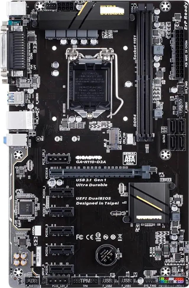 Alt view image 4 of 4 - Motherboard Fit forGigabyte GA-H110-D3A for 6/7th Gen forIntel LGA 1151 with I/O Back Plate Shield
