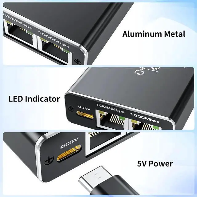 Alt view image 6 of 6 - JAENFONG Ethernet Splitter 1 to 3, Vszerda 1000Mbps RJ45 Internet Splitter with USB Power Cable, LAN Splitter Using Cat5/5e/6/7/8 Cable for PC, TV, PS5, Printer etc