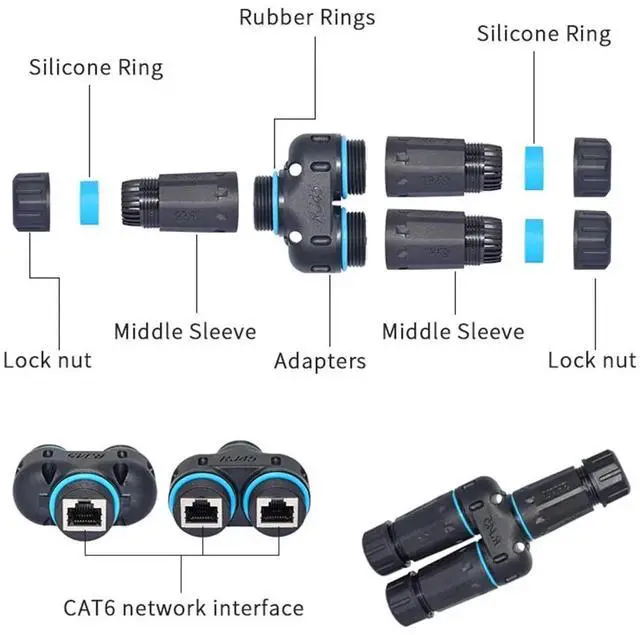 Alt view image 6 of 6 - JAENFONG IP68 Waterproof RJ45 Coupler Splitter, Waterproof Ethernet Coupler 1 in 2 Out Splitter IP68 Ethernet Outdoor LAN Cable Connector for Cat5/Cat5e/Cat6/Cat7/Cat8 Ethernet Cable (1 Pair Female)
