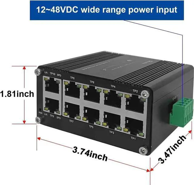 Alt view image 6 of 7 - Hardened Industrial Gigabit Compact Ethernet Switch 10-Port 10/100/1000BASE-T RJ45 with auto-MDI/MDI-X Function 10/100Mbps Half/Full Duplex and 1000Mbps Full Duplex 12~48VDC Wide Range Power Input