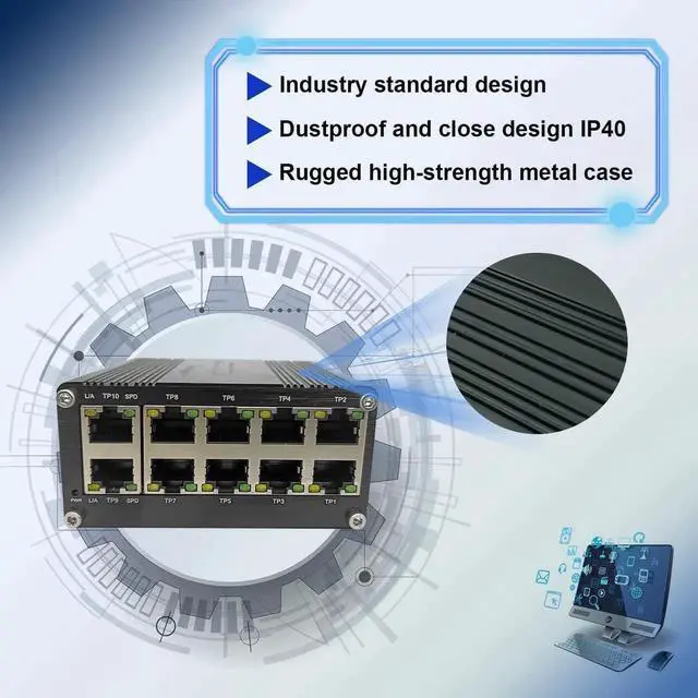 Alt view image 7 of 7 - Hardened Industrial Gigabit Compact Ethernet Switch 10-Port 10/100/1000BASE-T RJ45 with auto-MDI/MDI-X Function 10/100Mbps Half/Full Duplex and 1000Mbps Full Duplex 12~48VDC Wide Range Power Input