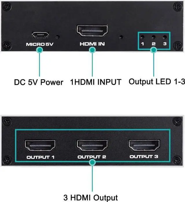 Alt view image 5 of 7 - HDMI Splitter, Duplicate/Mirror, 4K HDMI Splitter 1 in 3 Out [Metal Case, 3Port ] , Powered Splitter, 1 Source to 3 Identical Displays for TV, Projector