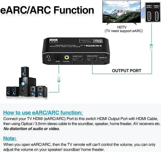 Alt view image 4 of 7 - 2x1 HDMI Switch Audio Extractor, 4K Hdmi Audio Extractor Switcher, HDMI to HDMI +Audio(Optical/Coaxial/ 3.5mm Audio Jack), HDMI 4K@60hz Video Audio Converter Adapter for PS4, Xbox,TV