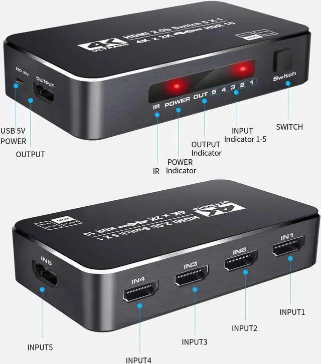 Alt view image 7 of 7 - HDMI Switch, 4K 60Hz HDMI Splitter 5 in 1 Out, 5-Port HDMI Switcher Selector with Remote Control,Supports Full HD 4K HDR10 HDCP 2.2 3D Dolby DST Compatible with Fire Stick,HDTV,PS4 Game - OZQ3-3