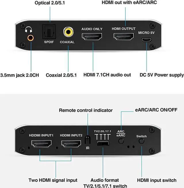Alt view image 7 of 7 - 4K @60Hz eARC HDMI Swtich Audio Extractor, 2x1 HDMI Audio Converter with Remote Control, 7.1CH Atmos/ eARC/ARC/ Optical Toslink SPDIF/ Coaxial/ 3.5mm Audio Out, Supports HDCP2.3, HDMI2.0b