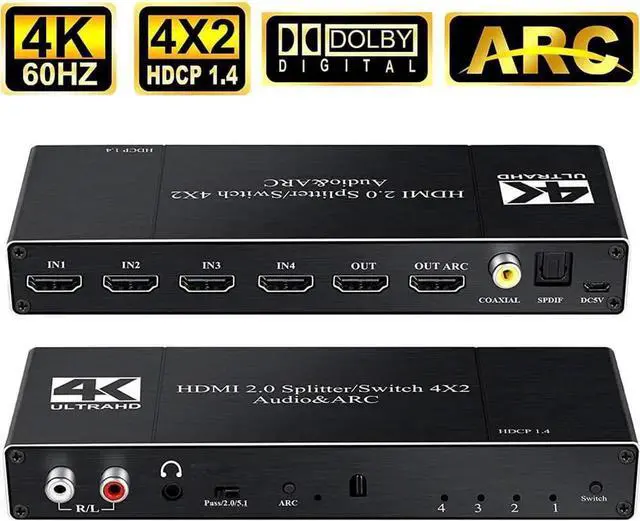 Main image of 4K HDMI Switch Audio Extractor with Optical SPDIF + 3.5mm AUX+ Coaxial + SPDIF Output,4K@60Hz 4 in 2 Out HDMI Switcher Converter Support ARC, HDCP 2.2, YUV4:2:0,EDID,HDR