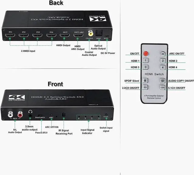 Alt view image 3 of 7 - 4K HDMI Switch Audio Extractor with Optical SPDIF + 3.5mm AUX+ Coaxial + SPDIF Output,4K@60Hz 4 in 2 Out HDMI Switcher Converter Support ARC, HDCP 2.2, YUV4:2:0,EDID,HDR
