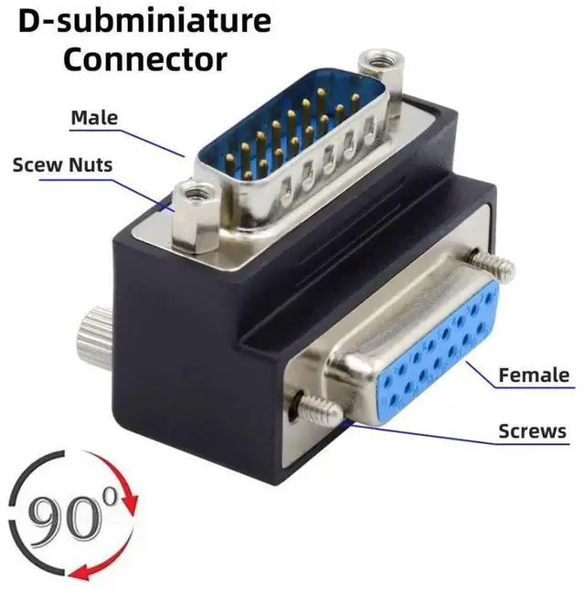 Alt view image 6 of 7 - JAENFONG 2 Pack DB15Pin Male to Female Extension Connector DSUB RS232 15Pin D-subminiature 90 Degree Angled Gender Changer Adapter