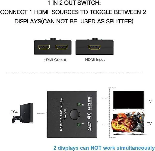 Alt view image 2 of 5 - HDMI--compatible 2.0 Switch, 2x1 or 1x2 HDMI-compatible Bi-Directional Switcher with HDCP 2.2 Pass Through, Support UHD 4Kx2K@60Hz & 3D