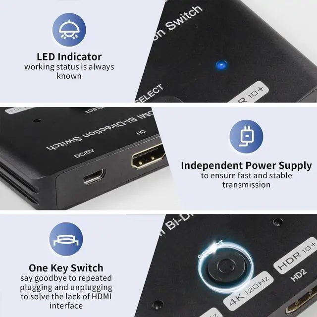 Alt view image 3 of 6 - Upgraded HDMI 2.1 Switch 4K@120Hz, Vszerda Bidirectional 48Gbps HDMI Switcher with 2in 1out or 1in 2out Supports 8K@60Hz 4K@120Hz 2K@144Hz & Fits for Xbox PS5/4 HDMI Projectors TV