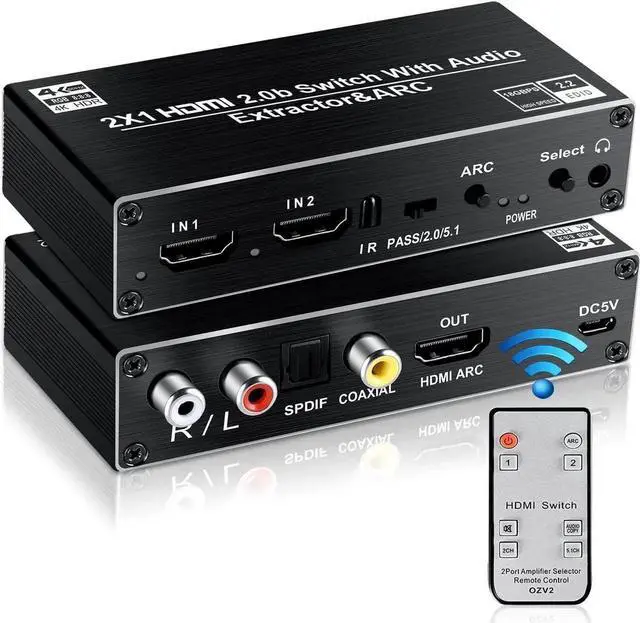 Main image of HDMI Switch Audio Extractor, HDMI Switch Splitter 2 Inputs 1 Output with Remote 4K@60hz, 2-Port HDMI2.0b Switcher Box with Optical Toslink SPDIF+Coaxial+Analog RCA Stereo Audio Out