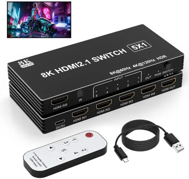 Main image of 8K HDMI Switcher 5 in 1 Out, 5 Port HDMI Splitter with IR Remote HDMI Switcher Selector Box Support 8K@60Hz 4K@120Hz, HDMI 2.1 Switch Compatible with PS 5/4/3 Xbox Switch Roku TV Fire Stick