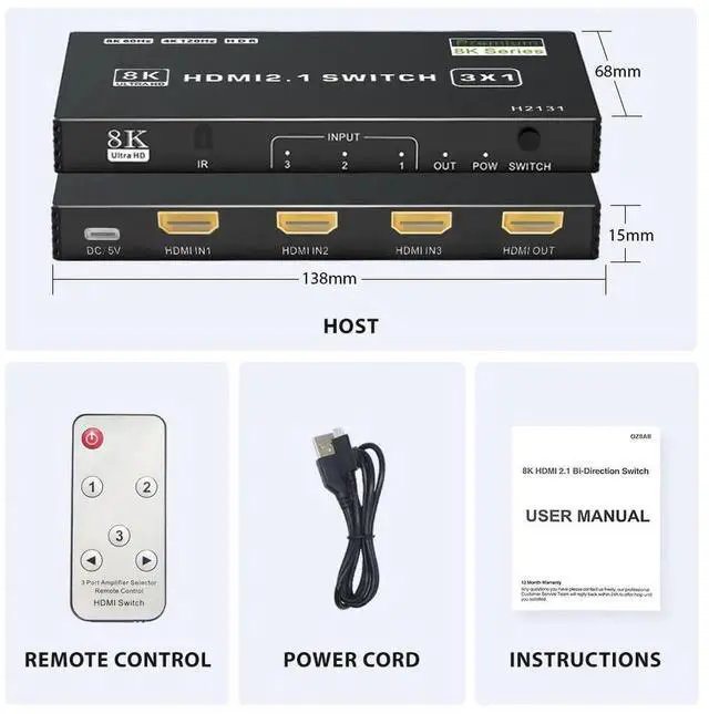 Alt view image 5 of 7 - HDMI 2.1 Switch 3 in 1 Out, 8K 60Hz, 4K 120Hz, HDCP 2.3, HDR10, CEC, Auto Switching, Compatible with PS5, Xbox Series X/S, NS, PC, DVD, HDTV