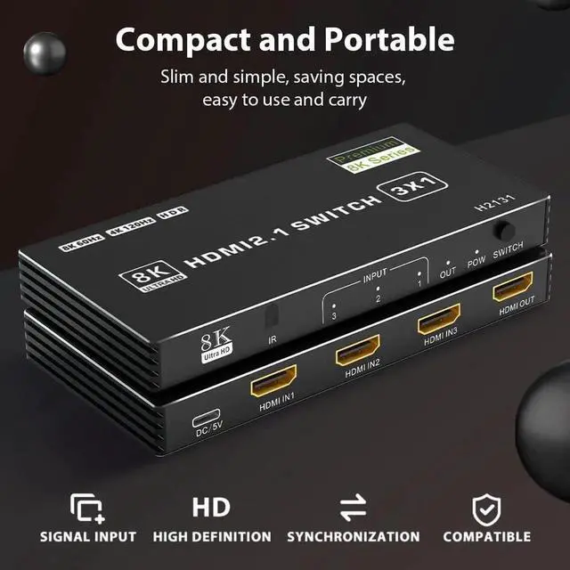 Alt view image 4 of 7 - HDMI 2.1 Switch 3 in 1 Out, 8K 60Hz, 4K 120Hz, HDCP 2.3, HDR10, CEC, Auto Switching, Compatible with PS5, Xbox Series X/S, NS, PC, DVD, HDTV