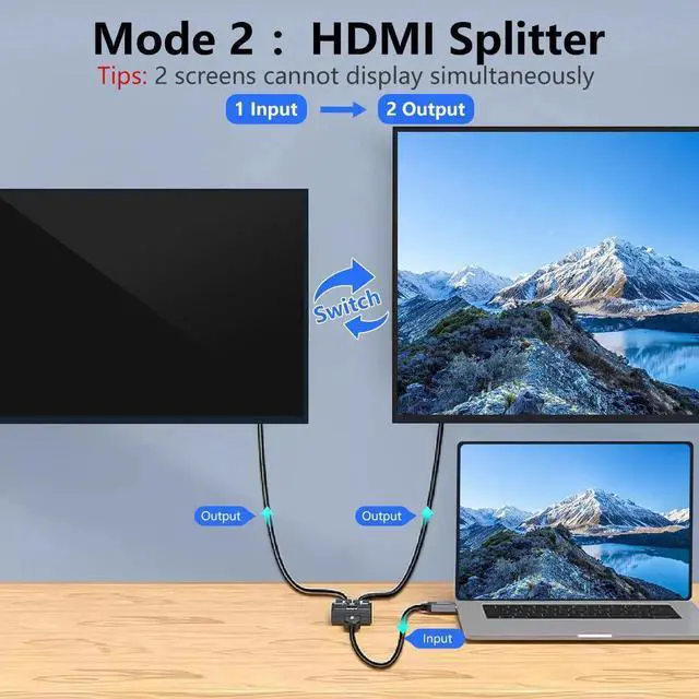 Alt view image 2 of 7 - HDMI Switch Splitter 4K@60hz, Aluminum Bidirectional HDMI Switcher 2 in 1 Out, HDMI Splitter 1 in 2 Out Supports 3D HDR for Xbox PS5/4/3 Blu-Ray Player Fire Stick Roku HDTV