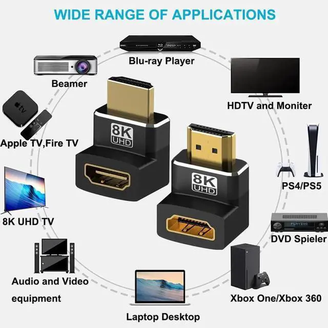 Alt view image 5 of 7 - JAENFONG 4 Pack 8K HDMI 2.1 Male to Female Adapter Right Angle Connector Up Down Angle 90 270 Degree Gold Plated Support 8K@60Hz,4K@120Hz,HDR,eARC for HDMI Cable PC Laptop HDTV Switch PS4 PS5 Xbox