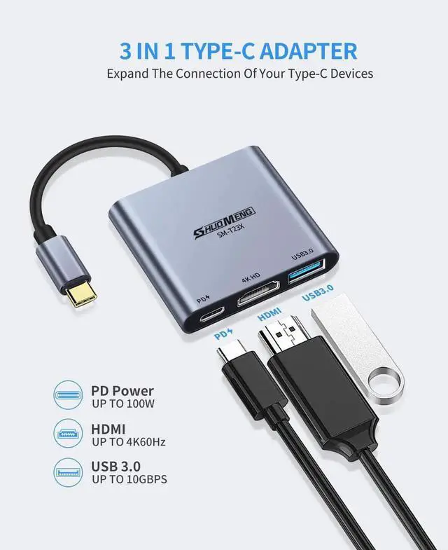 Alt view image 4 of 7 - JAENFONG USB C to HDMI Adapter (4K@60Hz) 3-in-1 Multiport AV Converter with PD100W, USB 3.0 and HDMI Ports Compatible with MacBook Pro/Air, Switch, steam Deck, rog Ally iPhone, iPad Pro, Galaxy, etc.