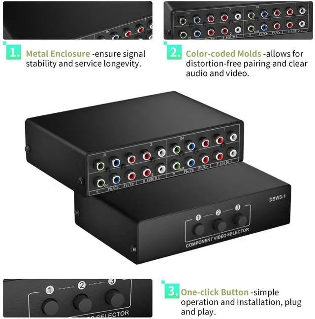 Alt view image 7 of 7 - 3 in 1 Out Component AV Video Switch Box 1080P, 3 Port 5 RCA 3-Way YPbPr Cable RGB Component Switch, Composite L/R Audio AV Splitter Selector Switcher Converter for Xbox Wii PS3/2/1 SNES DVD STB HDTV