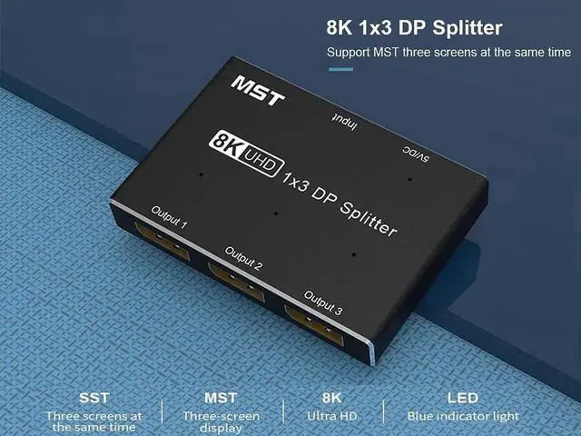 Alt view image 6 of 7 - 1 in 3 Out 8K DisplayPort-compatible Splitter 8K@30Hz 4K@120Hz DP MST SST Hub Converter Adapter 1x3 Port for Ultra HD Source to 3 HD Monitors