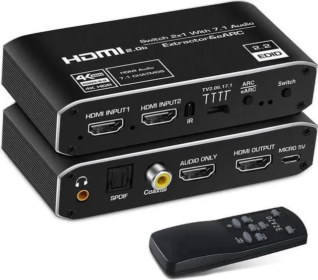 Main image of 4K@60Hz eARC HDMI Swtich Audio Extractor, NEWCARE 2x1 HDMI Audio Converter with Remote Control, 7.1CH Atmos/ eARC/ARC/ Optical Toslink SPDIF/ Coaxial/ 3.5mm Audio Out, Supports HDCP2.3, HDMI2.0b