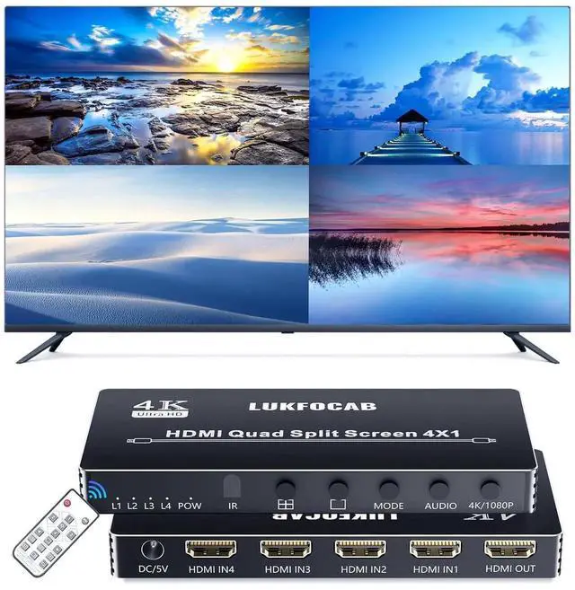 Main image of HDMI Multi-Viewer 4X1, Seamless Switcher 4 in 1 Out, Quad Multi Viewer Switcher with IR Remote, Supports 4K 30Hz, 5 Display Modes for Security Camera, Gaming Consoles