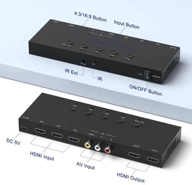 Alt view image 5 of 7 - (3 Ports HDMI 2.0 + 1 RCA to 2 HDMI Converter (2 Outputs Can Simultaneous Display) Switcher Splitter Support 4:3/16:9 Switching for N64 NGC Wii Xbox PS2/3/4/5 Switch Apple TV Fire TV Roku