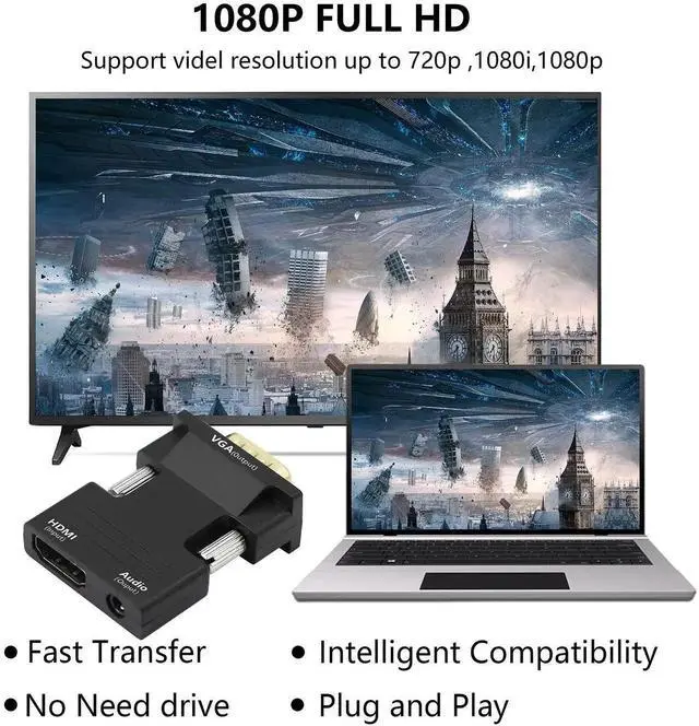 Alt view image 4 of 6 - JAENFONG HDMI to VGA Adapter with Audio 1080P HDMI Female to VGA Male Converter Adapter 3.5mm Audio Cable for TV Stick, Roku, Laptop, PC, Projector, TV, Monitor, Digital Camera, Etc