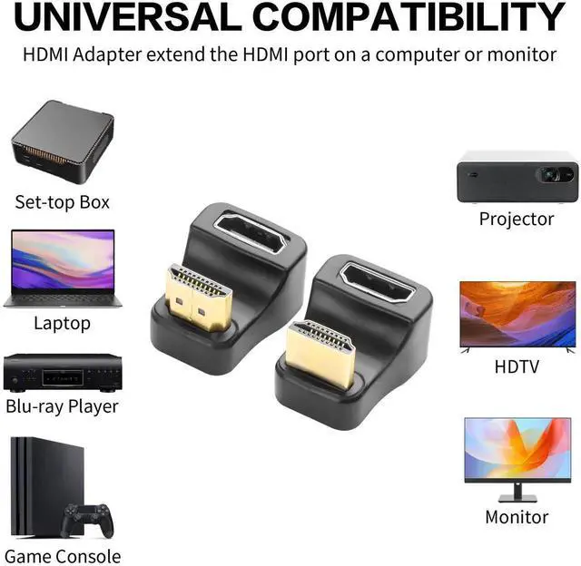 Alt view image 6 of 6 - JAENFONG 2 Pack 180 Degree HDMI Adapter 8K HDMI 2.1 Male to Female 48Gbps U Shaped Extender Adapter with LED Indicator for HDTV, LaptopUp Angle+Down Angle