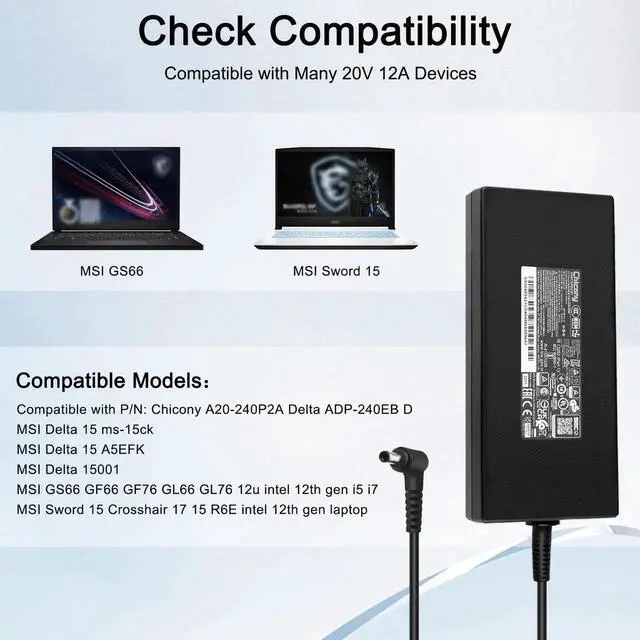 Alt view image 5 of 7 - JAENFONG 240W 20V 12A Laptop Charger for Delta 15 15 A5EFK 15001 GS66 GF66 GF76 GL66 GL76 12U Sword 15 Crosshair 17 15 R6E Intel 12th gen Laptop