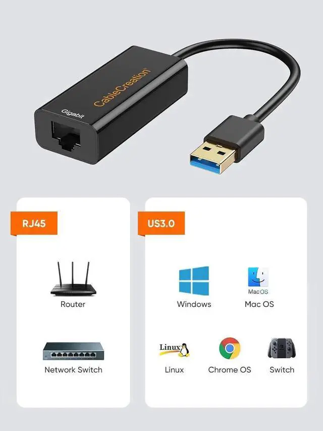 Alt view image 4 of 6 - USB to Ethernet Adapter, CableCreation USB 3.0 to 10/100/1000 Gigabit Wired LAN Network Adapter Compatible with Nintendo Switch, Windows, MacBook, macOS, Mac Pro Mini, Surface Pro, Laptop, PC and More