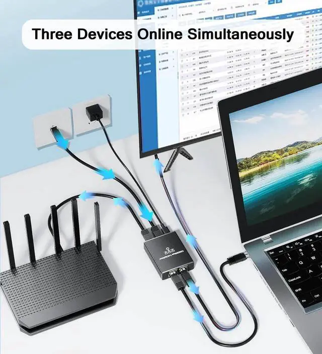 Alt view image 7 of 7 - Gigabit Ethernet Splitter 1 to 3, 1000Mbps RJ45 Network Ethernet Switch, LAN Internet Splitter Adapter for Cat 5/5e/6/7/8 Cable[ 3 Devices Networked Simultaneously]