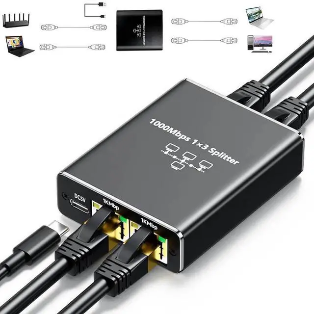 Main image of Gigabit Ethernet Splitter 1 to 3, 1000Mbps RJ45 Network Ethernet Switch, LAN Internet Splitter Adapter for Cat 5/5e/6/7/8 Cable[ 3 Devices Networked Simultaneously]