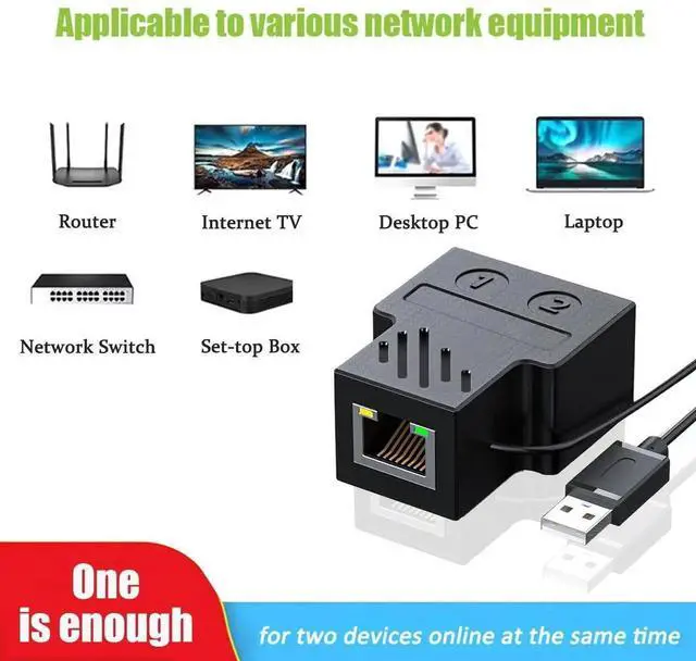 Alt view image 6 of 7 - RJ45 Ethernet Splitter 1 to 2, Mini Gigabit Network Ethernet Switch with USB Power Cable, CAT 5/6/7/8 Network Cable (Support Two Devices Online at The Same Time)