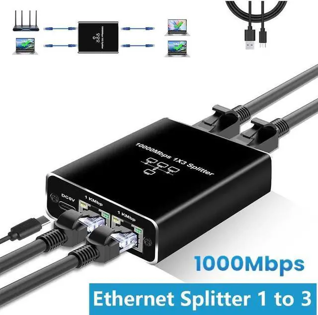 Main image of Gigabit Ethernet Splitter 1 to 3, 1000Mbps Ethernet Cable Splitte Extend Network(3 Devices Simultaneous Networking), Ethernet Splitter High Speed with USB Power Cable for Cat5/5e/6/7/8 Cable