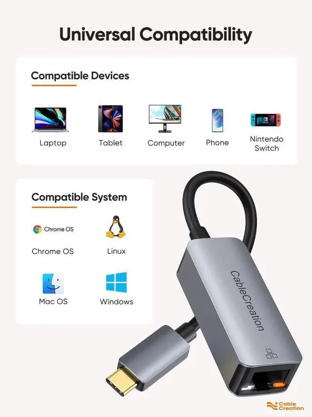 Alt view image 2 of 7 - USB C Network Adapter, Type-C (Thunderbolt 3) to RJ45 Gigabit Ethernet LAN Network Adapter Compatible with Steam Deck, MacBook Pro,MacBook Air,M1/M2,iPad 2022,Galaxy S22 Ultra